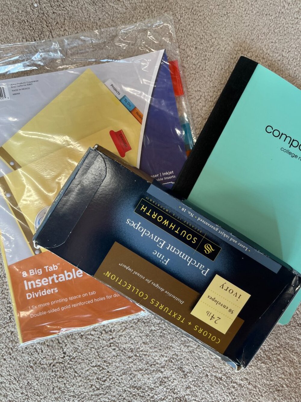 School & Office Supplies Bundle Ivory Envelopes Blue Composition Notebook Avery